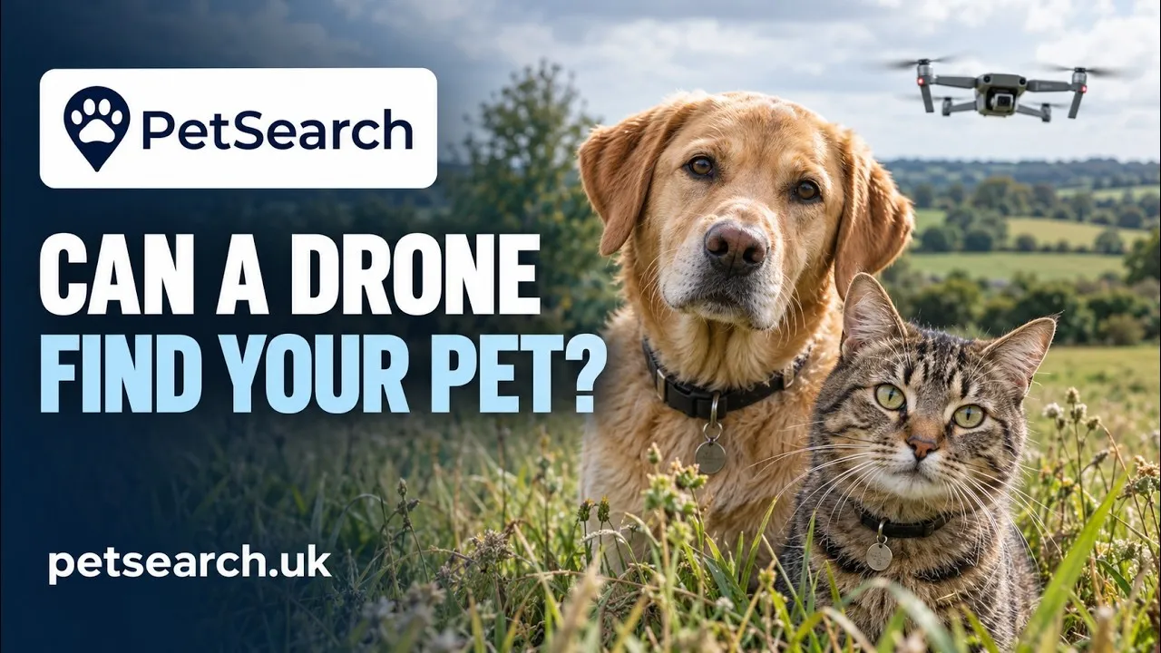 Video thumbnail of a dog and a cat in a field with a drone overhead, asking whether a drone can find your pet